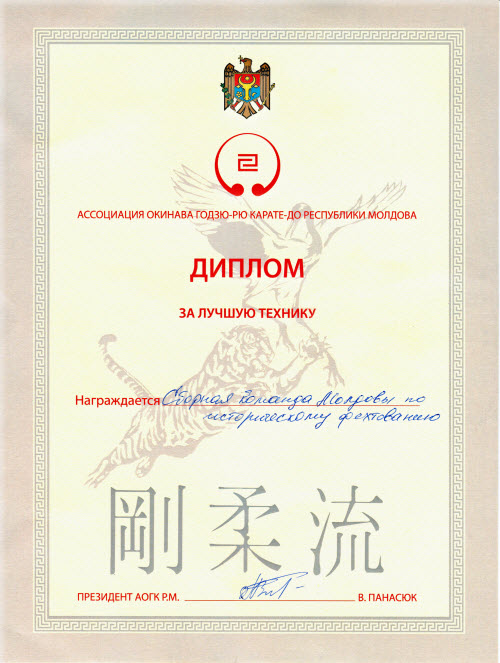 "За лучшую технику" вручён данный диплом Сборной Молдове по историческому фехтованию!